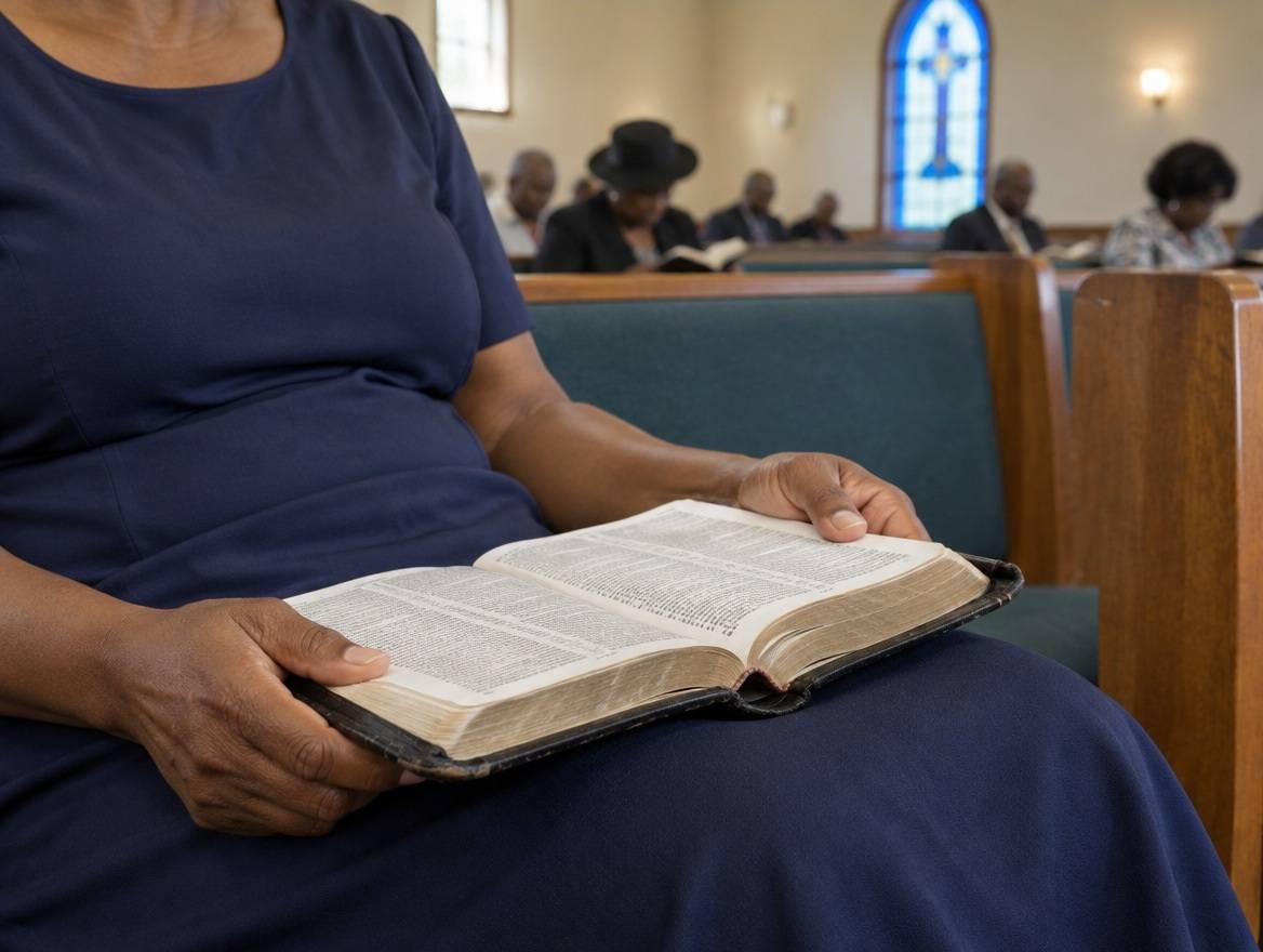 A member reading an open Bible on her lap in the pews during Bible study