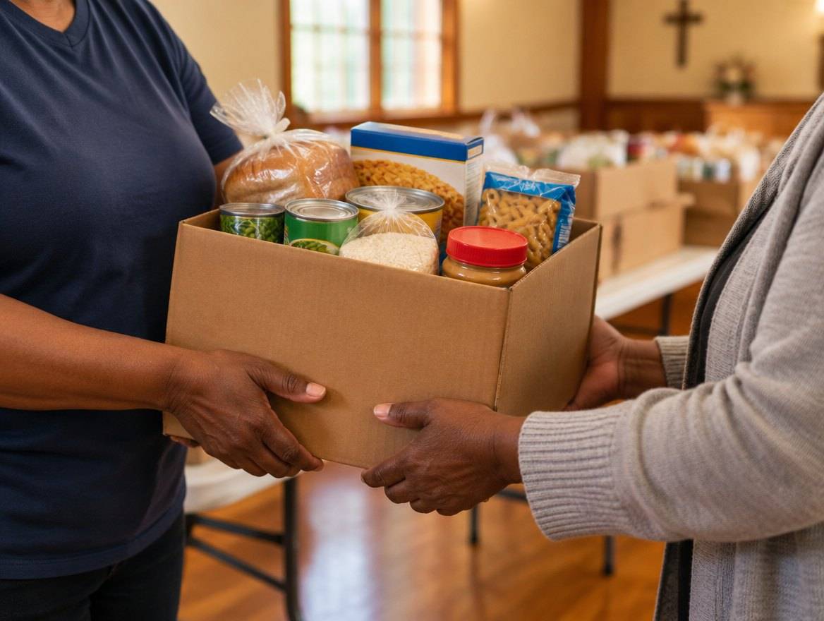 A volunteer hands a box of groceries to a neighbor in the fellowship hall